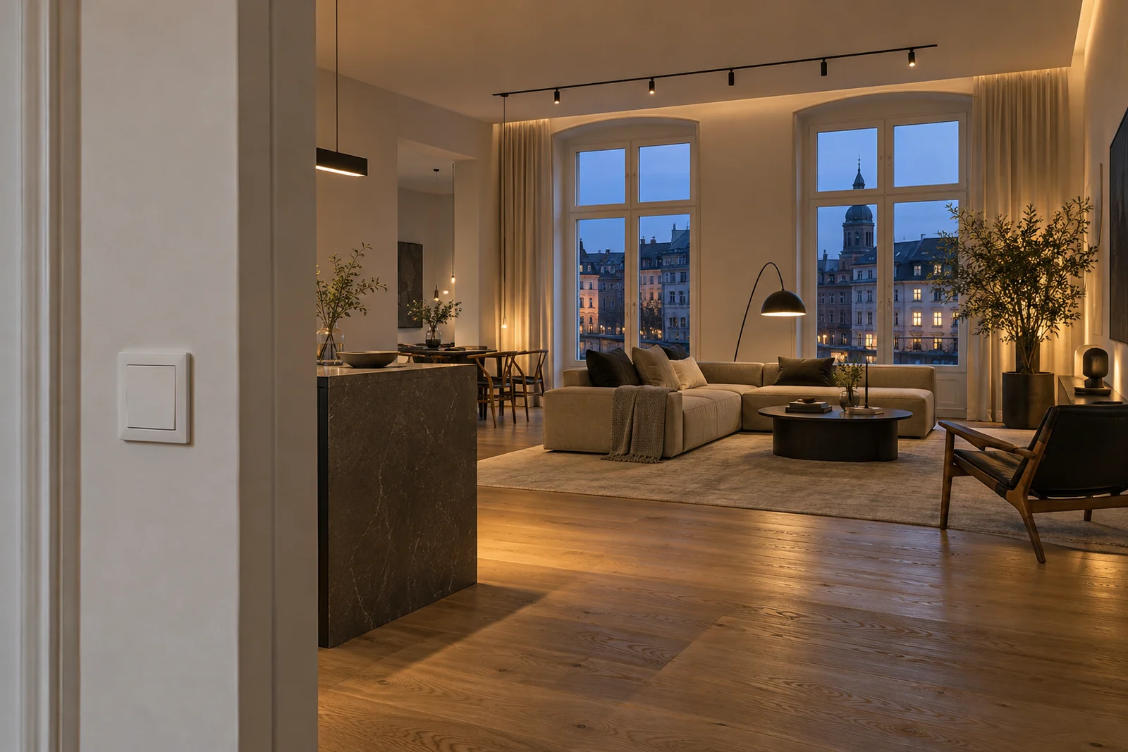 Wohnraum in einer sanierten Leipziger Wohnung mit moderner Lichtsteuerung – KI-generiertes Symbolbild